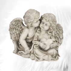 Angel couple sitting with heart in hand