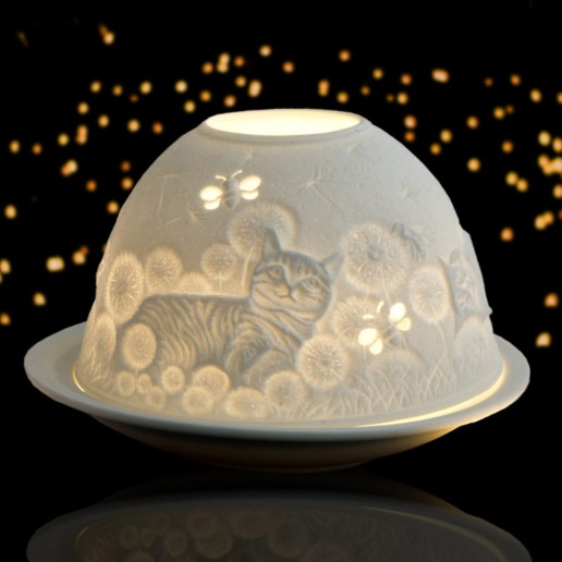 Cat In Dandelions - Glowing Dome Porcelain Tea Light Holder