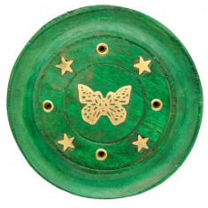 Incense Stick Round Wooden Holder Ash Catcher - Green with Brass Butterfly