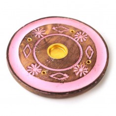 Incense Stick Round Wooden Holder Ash Catcher - Pink With Flowers 1