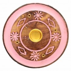 Incense Stick Round Wooden Holder Ash Catcher - Pink With Flowers