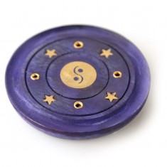 Incense Stick Round Wooden Holder Ash Catcher - Purple with Brass Yin Yang angle