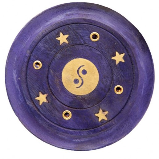 Incense Stick Round Wooden Holder Ash Catcher - Purple with Brass Yin Yang