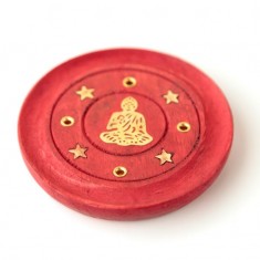 Incense Stick Round Wooden Holder Ash Catcher - Red with Brass Buddha angle
