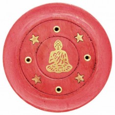Incense Stick Round Wooden Holder Ash Catcher - Red with Brass Buddha inlay