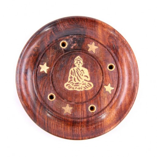 Incense Stick Round Wooden Holder Ash Catcher - Sheesham Wood with Brass Buddha