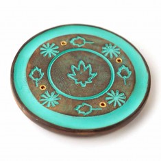 Incense Stick Round Wooden Holder Ash Catcher - Turquoise With Leaves