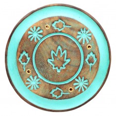 Incense Stick Round Wooden Holder Ash Catcher - Turquoise With Leaves