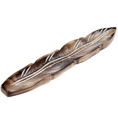 Light Brown Mango Wood Feather Shaped Ashcatcher Incense Sticks Burner