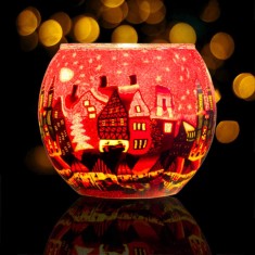 Red Town - Glowing Globe Glass Tea Light Candle Holder lit