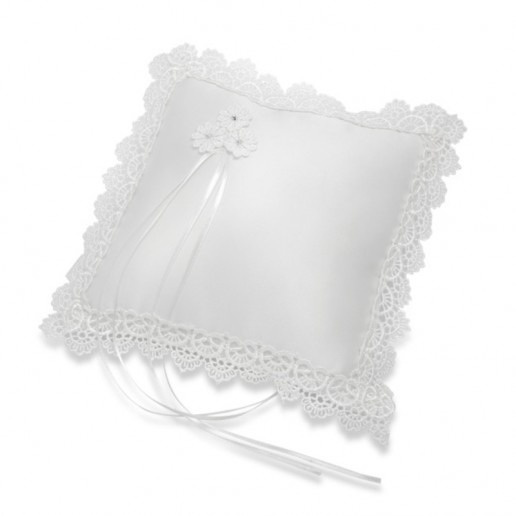 Satin Square Ring Cushion Scalloped Lace - White