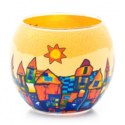 Yellow & Blue Town - Glowing Globe Glass Tea Light Candle Holder