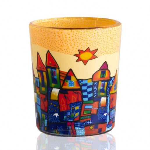 Yellow & Blue Town - Glowing Votive Glass Tea Light Candle Holder